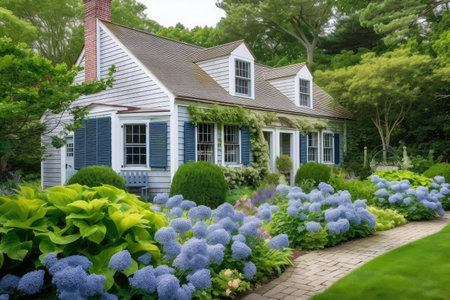 cape cod house exterior with classic white siding and blue shutters in lush garden, created with generative aiの素材