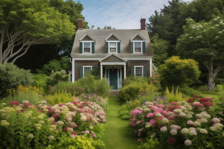 cape cod house, surrounded by lush green lawn and blooming flowers, created with generative aiの素材
