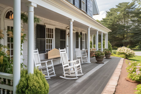 cape cod house with front porch and rocking chairs, peaceful and welcoming exterior, created with generative aiの素材