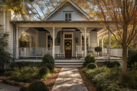 cape cod house with front porch and rocking chairs, peaceful and welcoming exterior, created with generative aiの素材