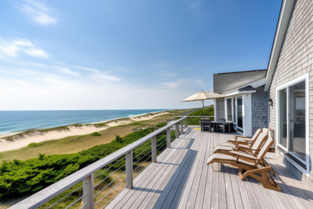 cape cod house with deck and ocean view, perfect for summer getaway, created with generative aiの素材