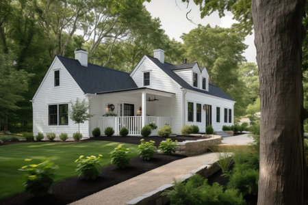 cape cod house exterior with white wooden siding and black shutters, created with generative aiの素材