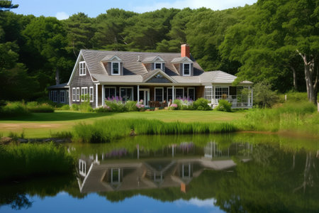 cape cod house with wrap-around porch, overlooking a tranquil pond, created with generative aiの素材