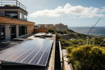 sloping rooftop with solar panels and a view of the ocean, created with generative aiの素材