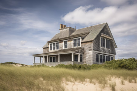 cape cod house exterior with view of rolling dunes and sparkling ocean in the background, created with generative aiの素材