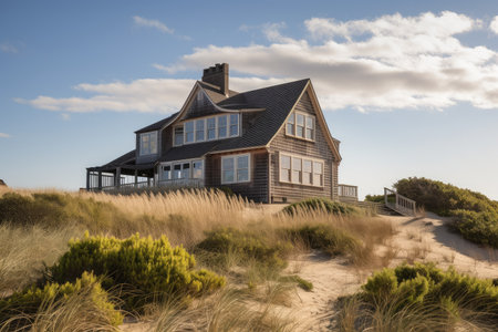 cape cod house exterior with view of rolling dunes and sparkling ocean in the background, created with generative aiの素材