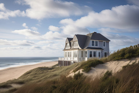 cape cod house exterior with view of rolling dunes and sparkling ocean in the background, created with generative aiの素材