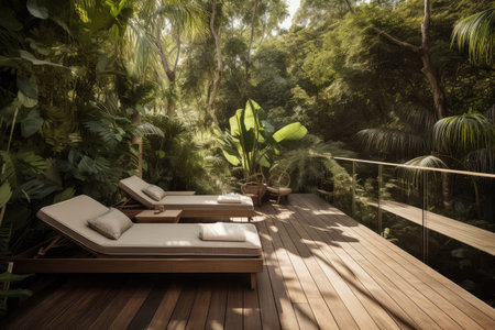 wooden deck with lounge and sun loungers, surrounded by greenery, created with generative aiの素材