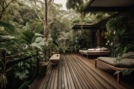 wooden deck with lounge and sun loungers, surrounded by greenery, created with generative aiの素材
