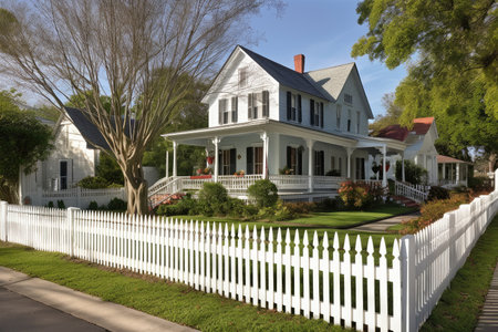 colonial-style house with wrap-around porch and picket fence in picturesque village, created with generative aiの素材