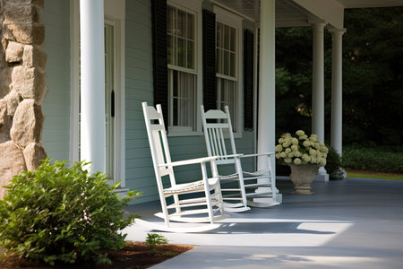 classic cape cod house with front porch and rocking chairs, against tranquil landscape, created with generative aiの素材