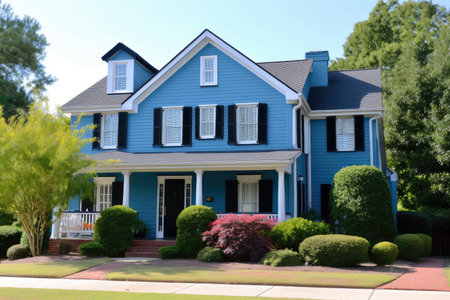 freshly painted blue exterior with white trim and black shutters, created with generative aiの素材