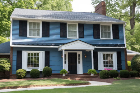 freshly painted blue exterior with white trim and black shutters, created with generative aiの素材