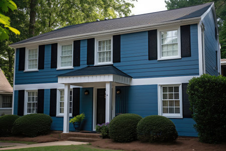 freshly painted blue exterior with white trim and black shutters, created with generative aiの素材
