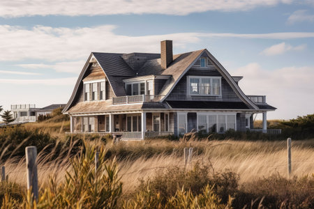 cape cod house exterior, with view of ocean and beach in the distance, created with generative aiの素材