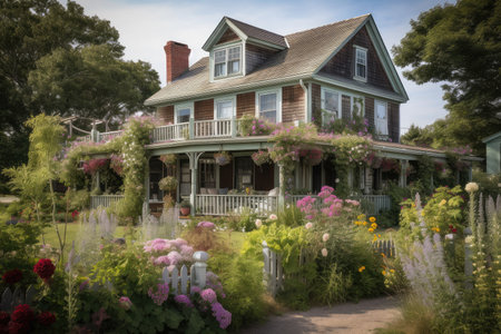 cape cod home with wrap-around porch, surrounded by blooming flowers, created with generative aiの素材