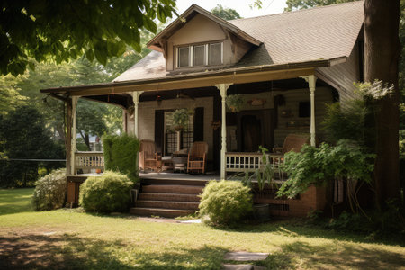 shingle-roofed house with shady porch and rockers on the lawn, created with generative aiの素材