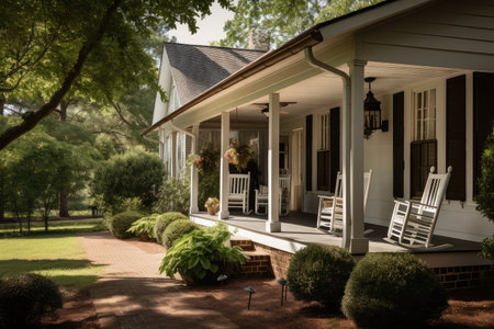 shingle-roofed house with shady porch and rockers on the lawn, created with generative aiの素材