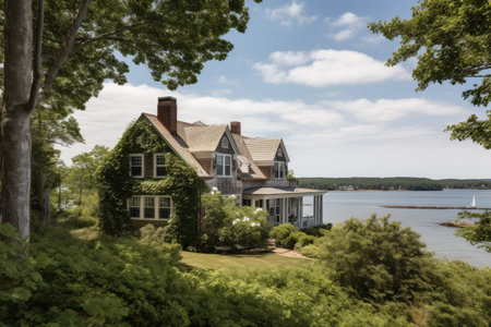 cape cod house exterior with lake views, surrounded by greenery, created with generative aiの素材