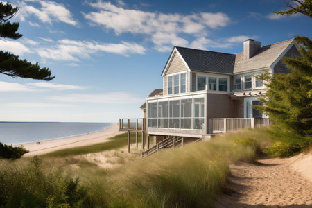 cape cod house, with view of a private beach and the ocean beyond, created with generative aiの素材