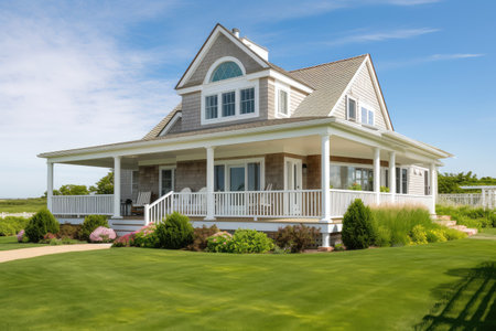 cape cod house with wrap-around porch and swing, overlooking manicured lawn, created with generative aiの素材