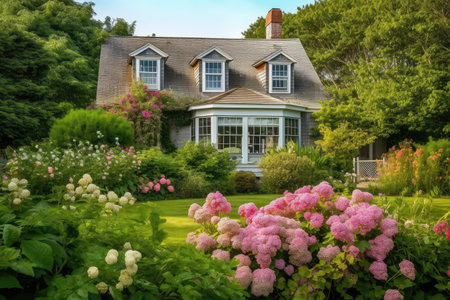 cape cod house surrounded by lush, green garden with blooming flowers, created with generative aiの素材
