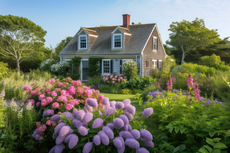 cape cod house surrounded by lush, green garden with blooming flowers, created with generative aiの素材