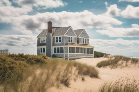 cape cod house, with view of the beach and ocean, on a warm sunny day, created with generative aiの素材