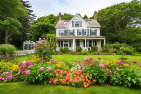 cape cod house surrounded by lush green lawn and flowers, created with generative aiの素材