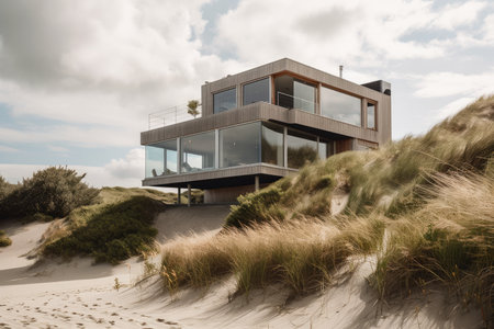 sea-facing exterior with dunes and beach in the background, created with generative aiの素材
