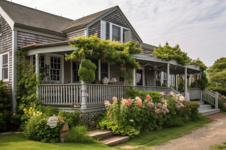 cape cod house with wrap-around porch and hanging plants, created with generative aiの素材