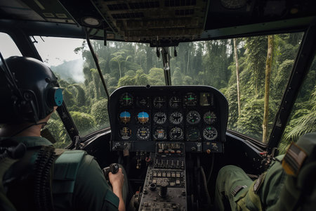 close-up of helicopter cockpit, with pilot at the controls and jungle visible beyond, created with generative aiの素材