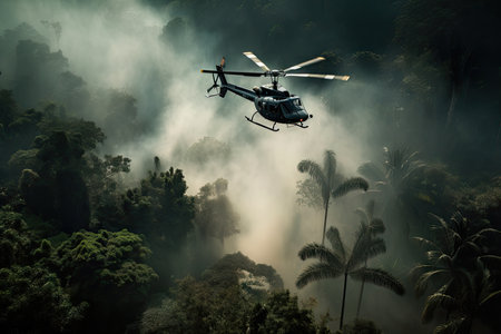helicopter flying over dense jungle, with smoke billowing from its engines, created with generative aiの素材