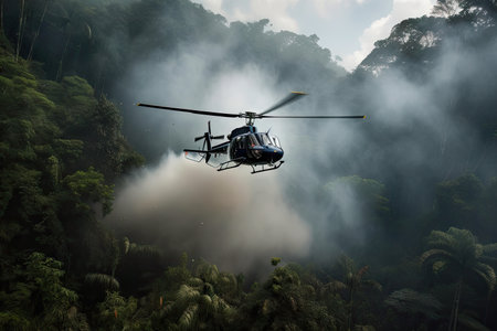 helicopter flying over dense jungle, with smoke billowing from its engines, created with generative aiの素材