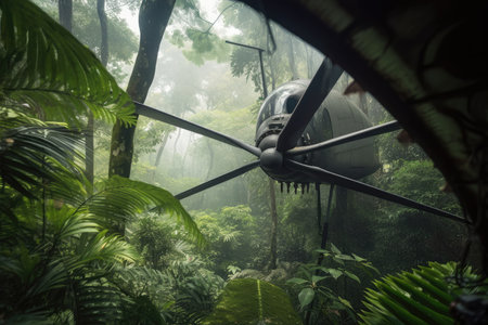 close-up of helicopter rotor blade slicing through dense jungle canopy, created with generative aiの素材