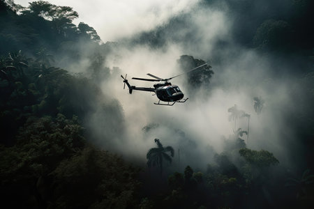 helicopter flying over dense jungle, with smoke rising from below, created with generative aiの素材