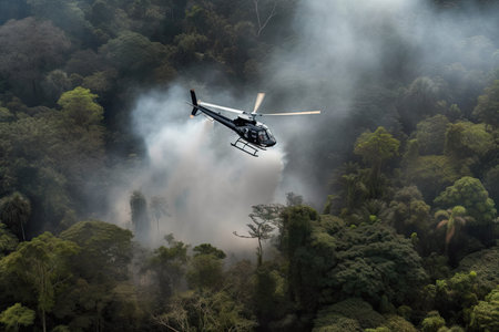 helicopter flies low over dense jungle, with smoke billowing from its engine, created with generative aiの素材