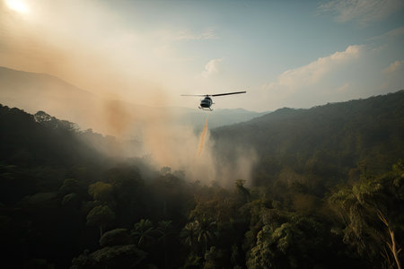 helicopter flies over jungle, with view of smoke rising from recent fire, created with generative aiの素材