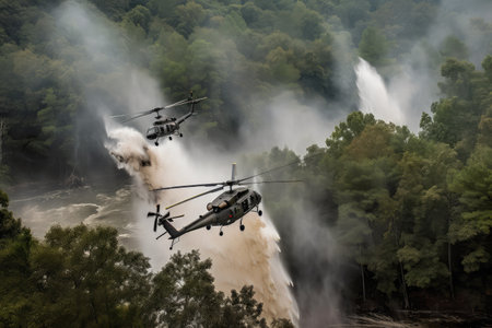 combat helicopters approaching roaring waterfall, with smoke billowing from the cabin, created with generative aiの素材
