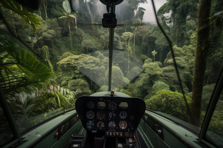 close-up of helicopter blades through jungle canopy, created with generative aiの素材