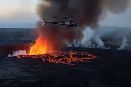 helicopter flies past smoking volcano, with view of the boiling lava, created with generative aiの素材