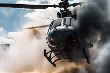 close-up of helicopter, with smoke billowing from its engine, created with generative aiの素材