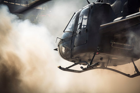 close-up of helicopter, with smoke billowing from its engine, created with generative aiの素材