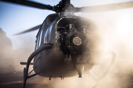 close-up of helicopter engine, with smoke and dust blowing past, created with generative aiの素材