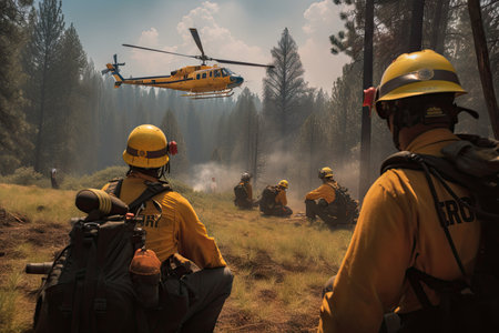 hotshot crew preparing to battle raging wildfire, with helicopter providing air support, created with generative aiの素材