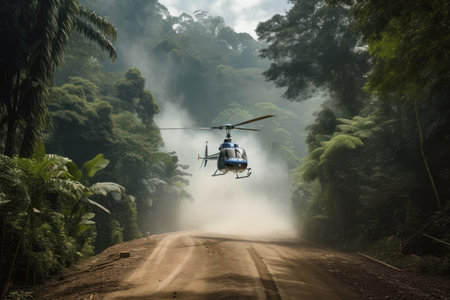 helicopter landing on smoking jungle road, with view of the dense forest in the background, created with generative aiの素材