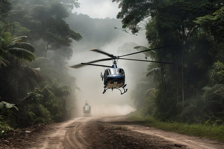 helicopter landing on smoking jungle road, with view of the dense forest in the background, created with generative aiの素材