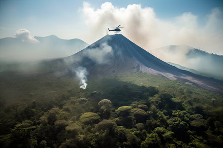 helicopter flies over smoking jungle, with view of volcano in the background, created with generative aiの素材