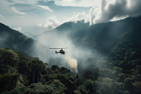 helicopter flying above smoking jungle, with view of distant mountain range, created with generative aiの素材