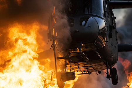 close-up of helicopter blades, with smoke and flames in the background, created with generative aiの素材